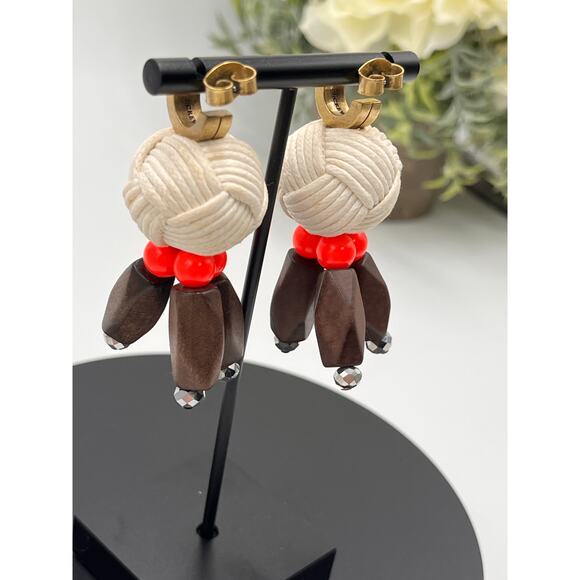 J. Crew Huggie Hoops with Yarn Knotted Ball Wood Beads Dangle  earrings - Picture 5 of 8